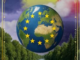 L'image suggère la planète universelle la Terre, à côté des étoiles de l'Union Européenne.