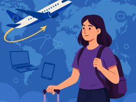 A flat-style digital illustration showing a smiling student with a backpack and suitcase standing in front of a world map. An airplane with the EU flag flies overhead, and digital icons like a laptop and tablet surround the map. The title “The Future in M